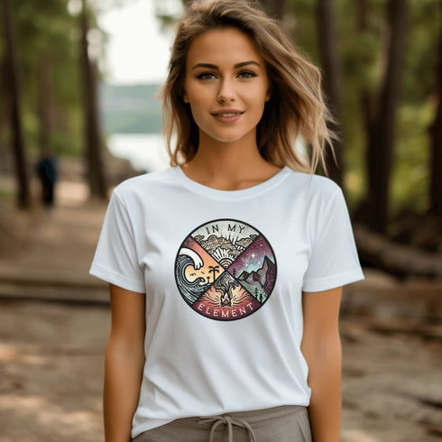 The In My Element t-shirt features a striking circular graphic representing the four classical elements—Fire, Water, Wind, and Earth.